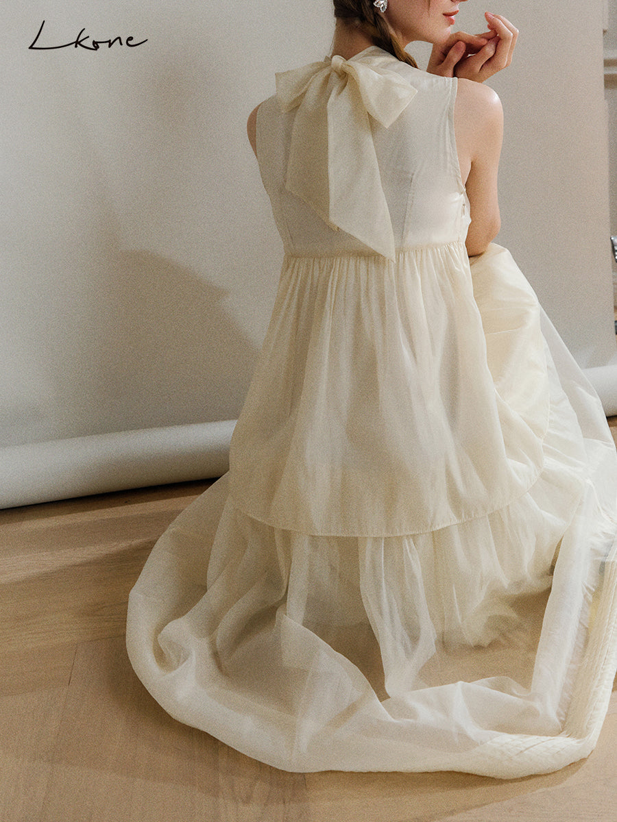 Frilled Neck Sleeveless Tiered Sheer Dress