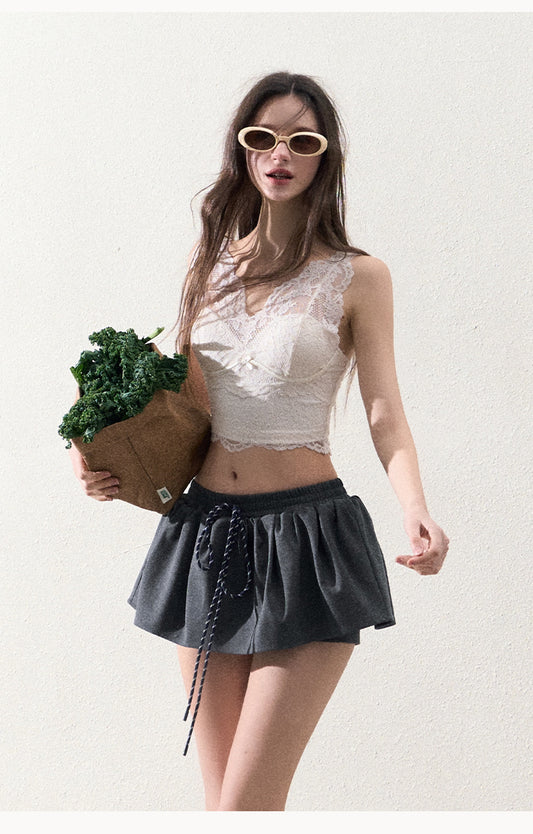 Drawstring Waist Mini Flare Skirt With Inner Shorts