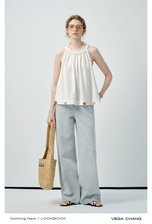 Sleeveless Beaded Top With Geometric Neckline