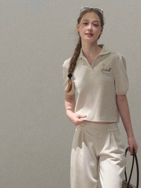 Puff-Sleeve Polo Shirt With Dog Motif