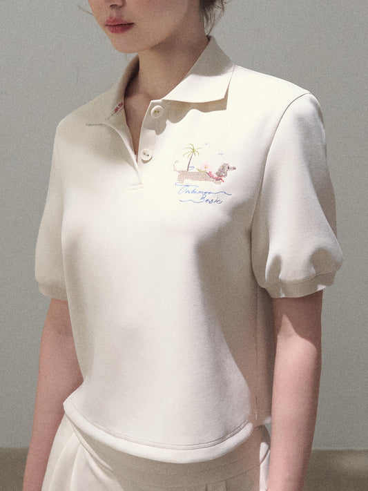 Puff-Sleeve Polo Shirt With Dog Motif