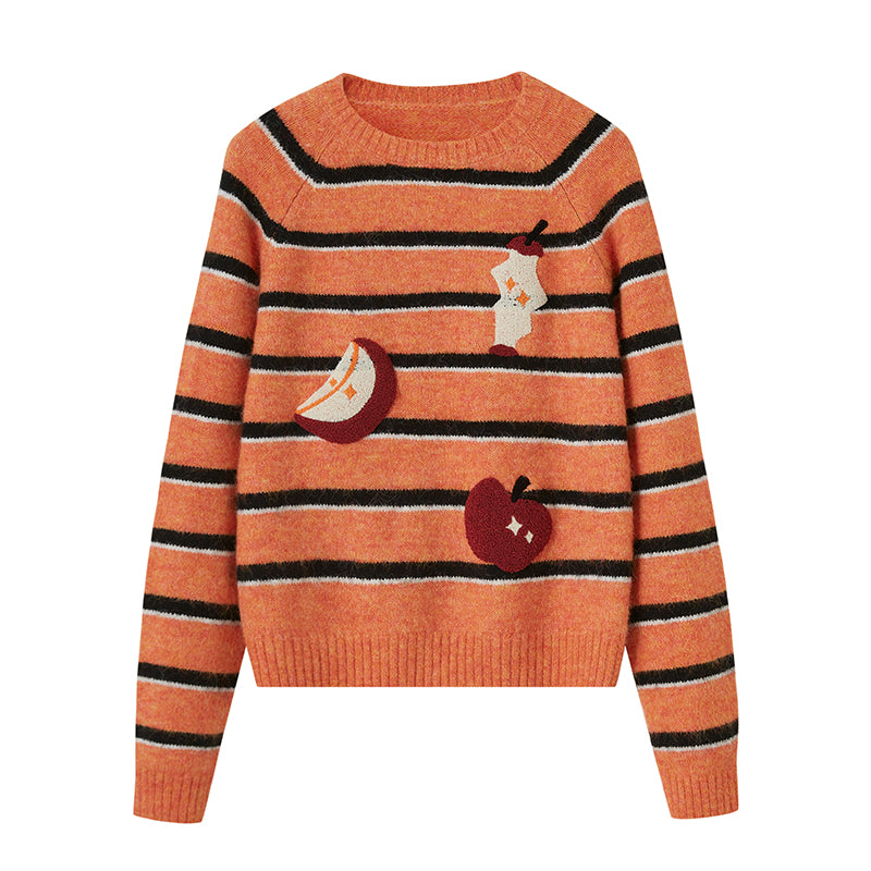 Chenille Embroidered Apple Motif Striped Sweater