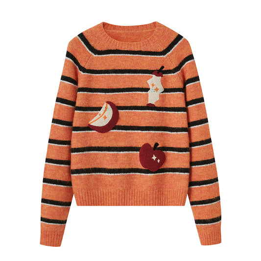 Chenille Embroidered Apple Motif Striped Sweater