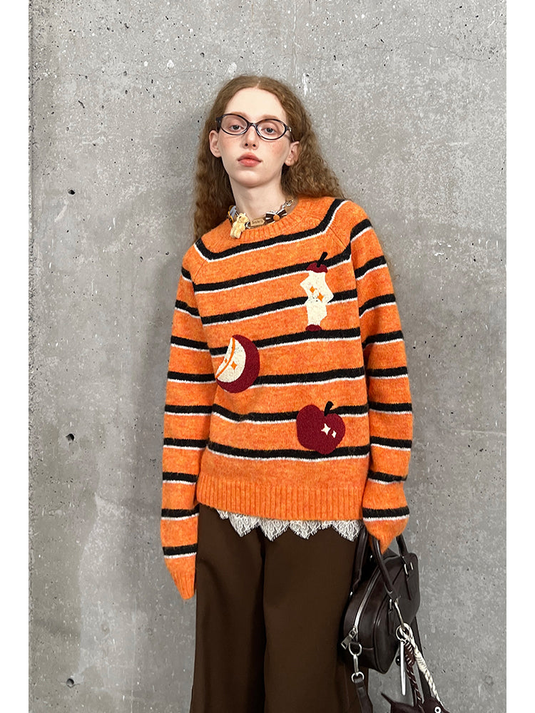 Chenille Embroidered Apple Motif Striped Sweater