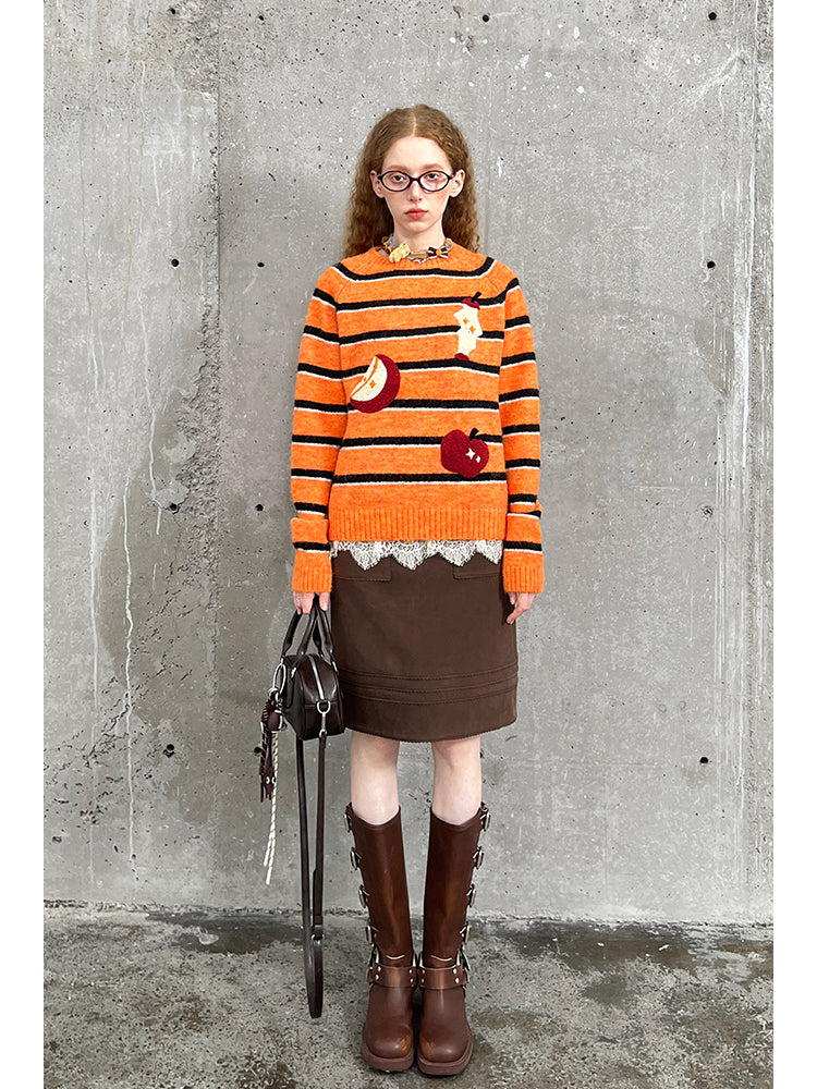 Chenille Embroidered Apple Motif Striped Sweater