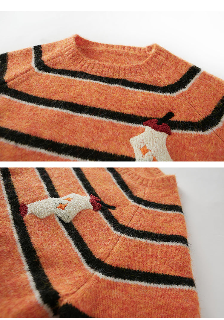 Chenille Embroidered Apple Motif Striped Sweater