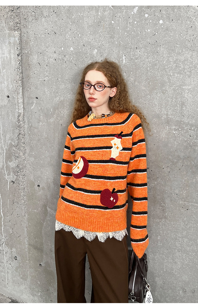 Chenille Embroidered Apple Motif Striped Sweater