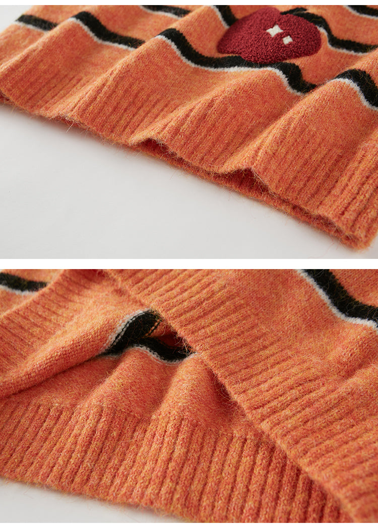 Chenille Embroidered Apple Motif Striped Sweater