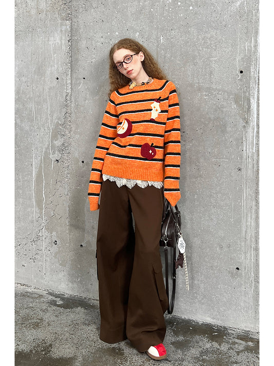 Chenille Embroidered Apple Motif Striped Sweater