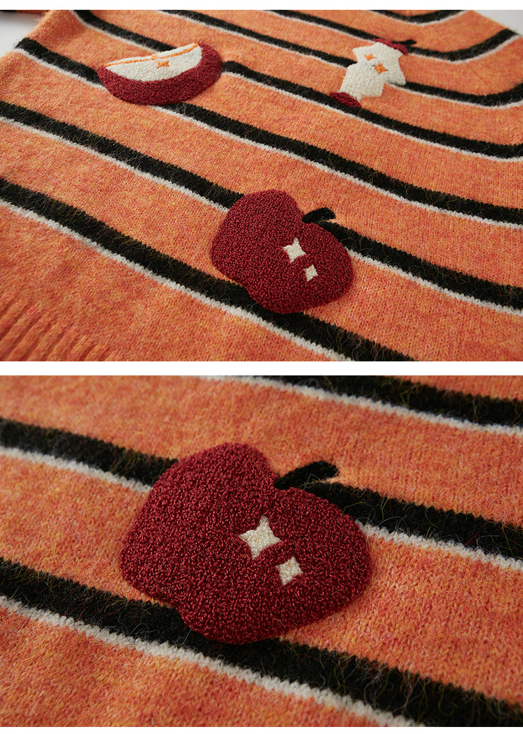 Chenille Embroidered Apple Motif Striped Sweater