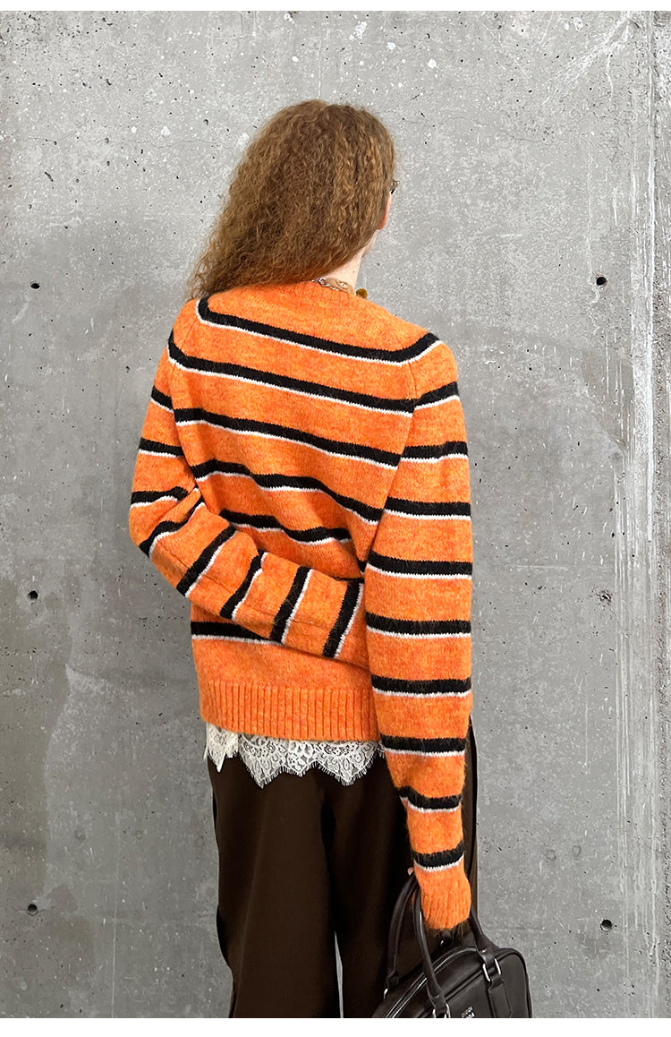 Chenille Embroidered Apple Motif Striped Sweater