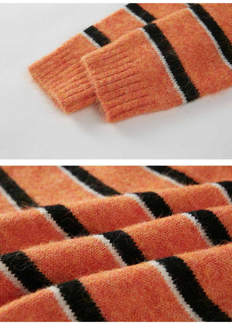 Chenille Embroidered Apple Motif Striped Sweater