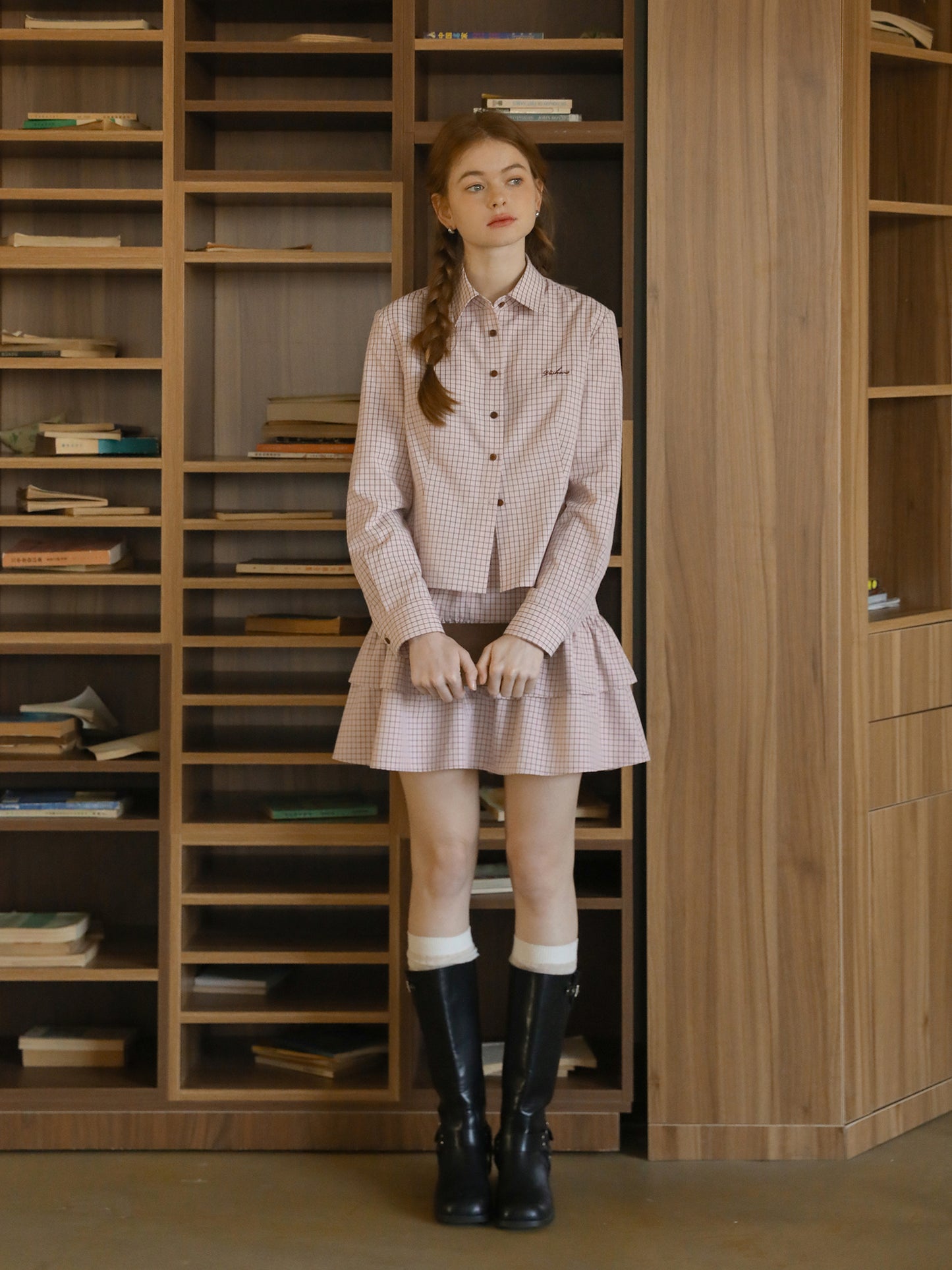 Grid-Pattern Embroidered Shirt & Tiered Mini Skirt