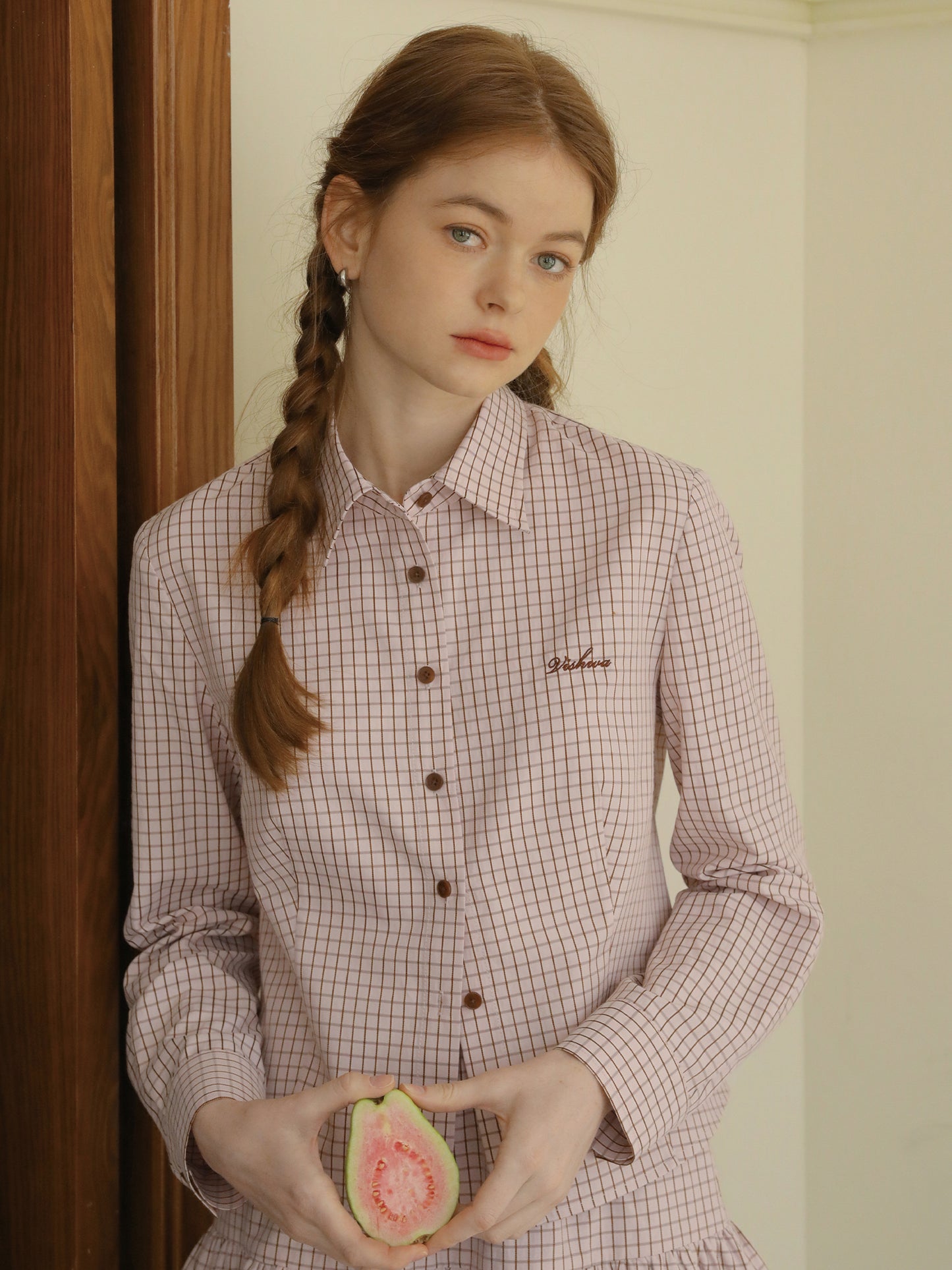 Grid-Pattern Embroidered Shirt & Tiered Mini Skirt