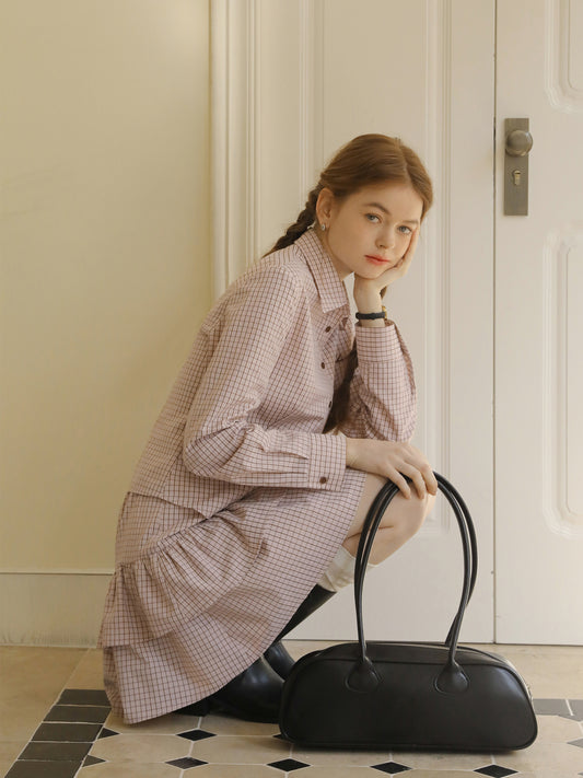 Grid-Pattern Embroidered Shirt & Tiered Mini Skirt