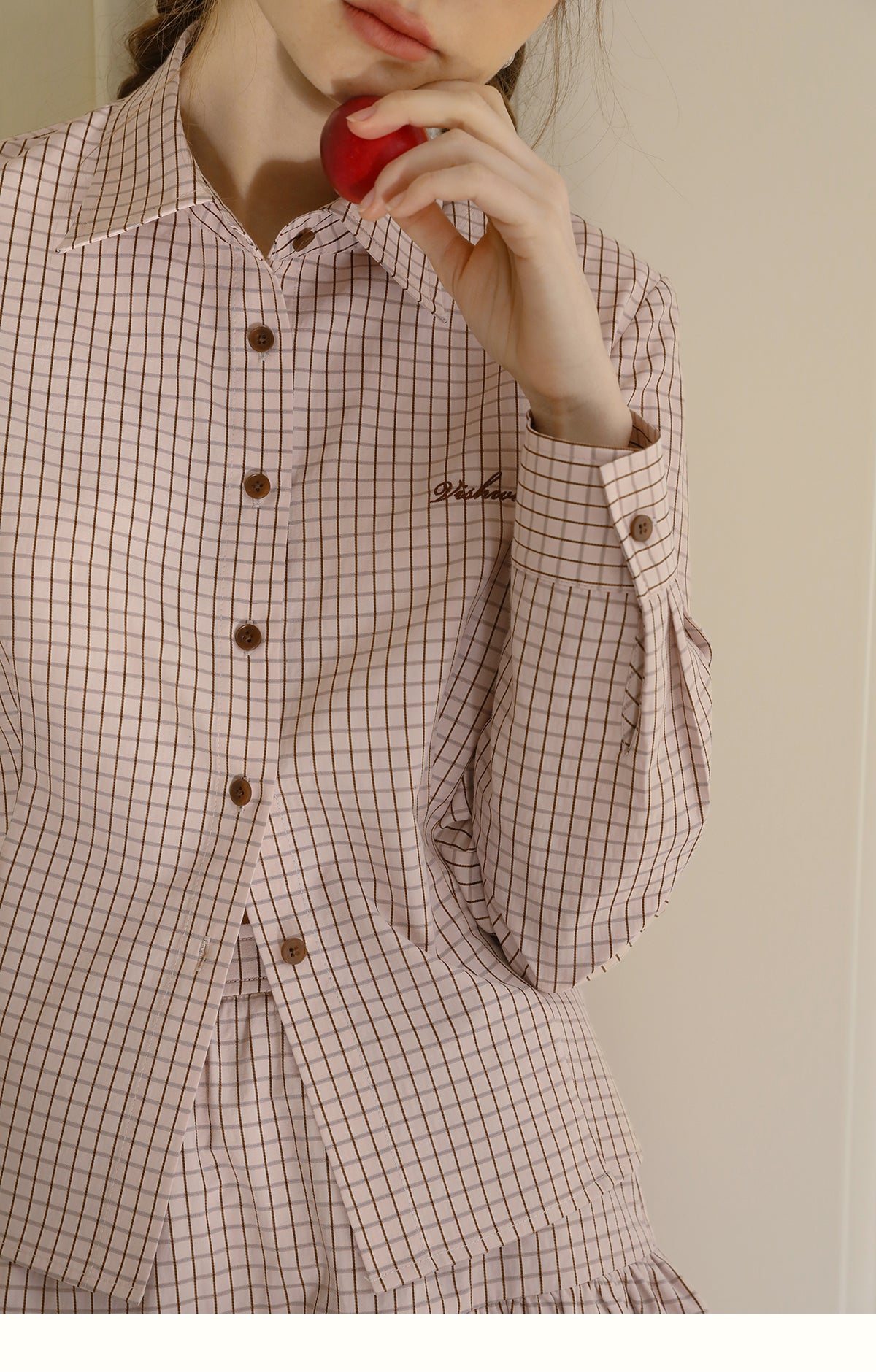 Grid-Pattern Embroidered Shirt & Tiered Mini Skirt