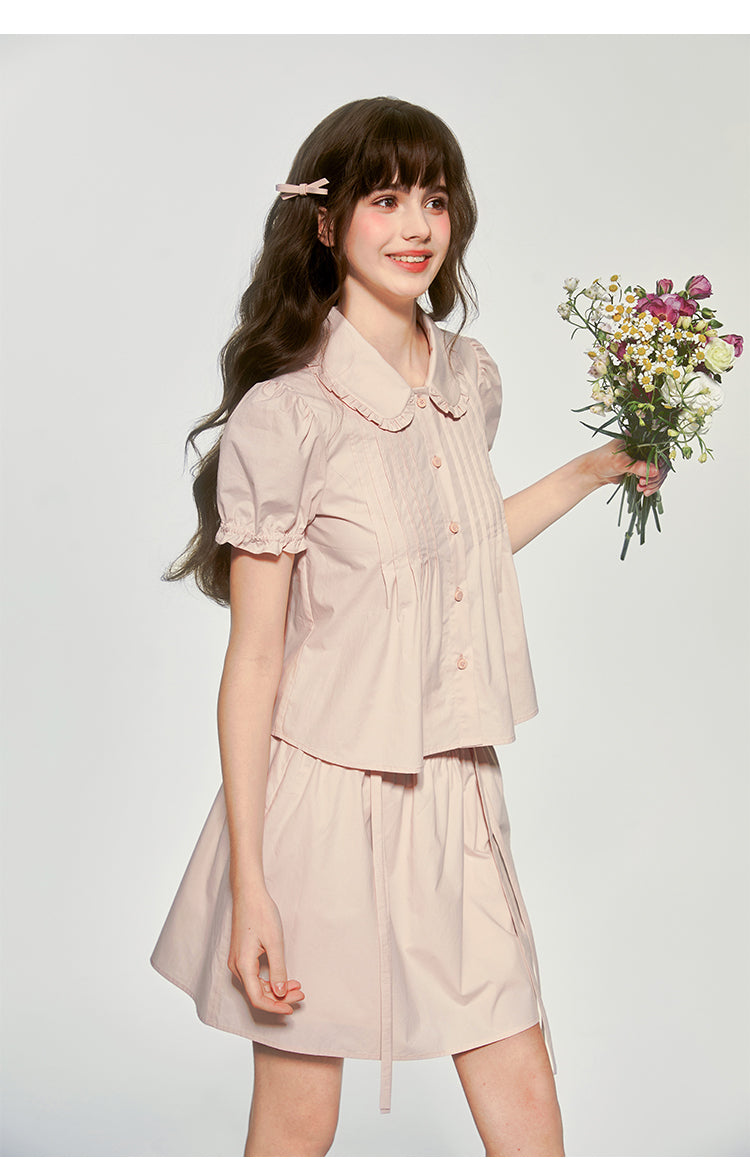 Doll Collar Pintuck Puff-Sleeve Blouse And Bow Skirt