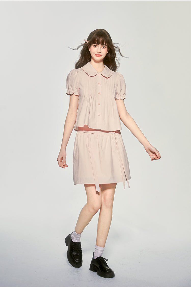 Doll Collar Pintuck Puff-Sleeve Blouse And Bow Skirt