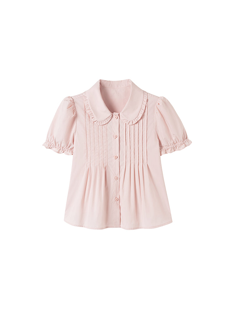 Doll Collar Pintuck Puff-Sleeve Blouse And Bow Skirt