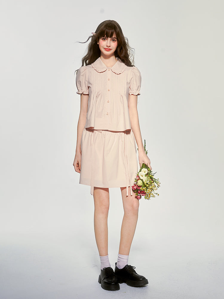 Doll Collar Pintuck Puff-Sleeve Blouse And Bow Skirt