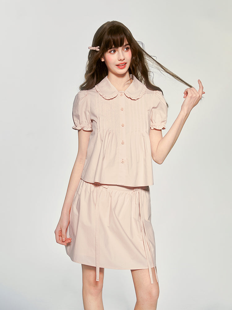 Doll Collar Pintuck Puff-Sleeve Blouse And Bow Skirt