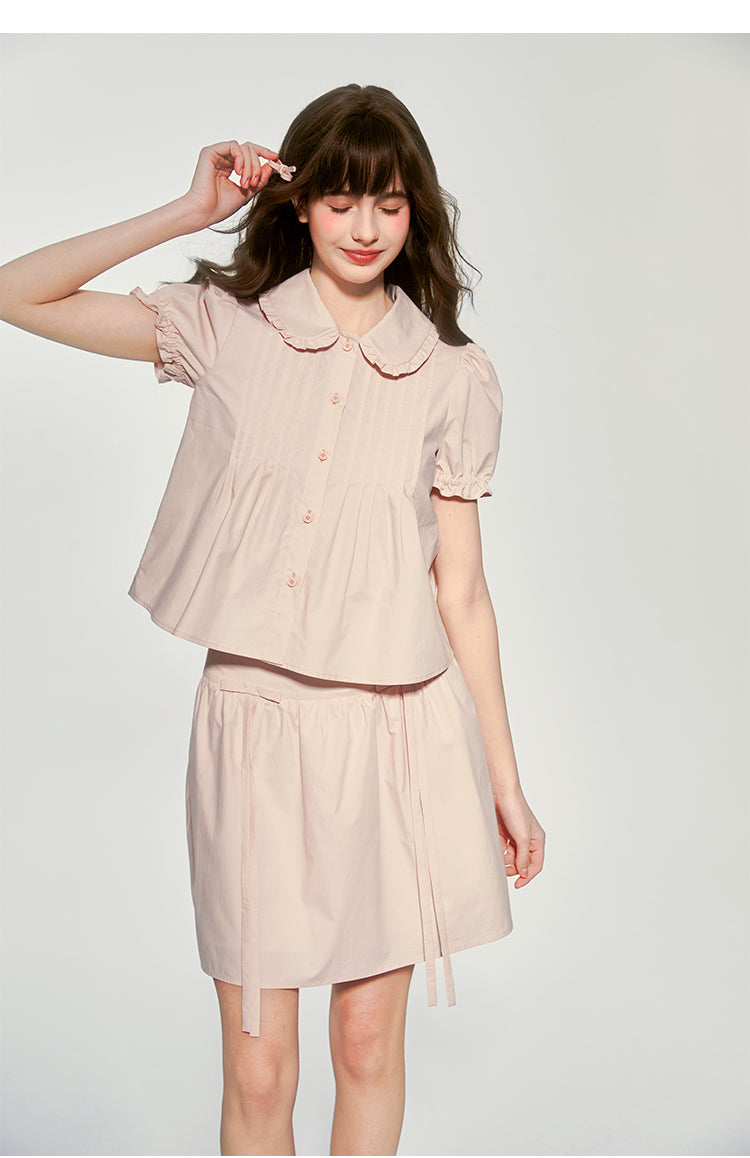 Doll Collar Pintuck Puff-Sleeve Blouse And Bow Skirt
