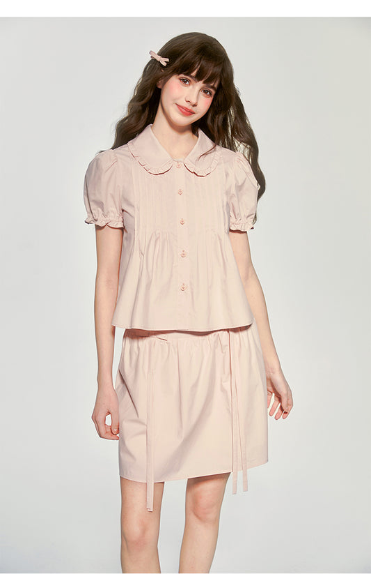 Doll Collar Pintuck Puff-Sleeve Blouse And Bow Skirt