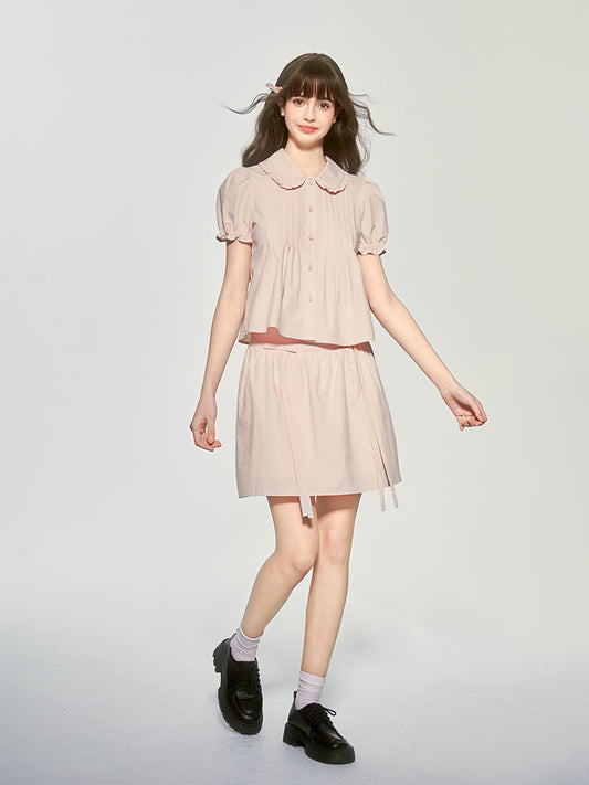Doll Collar Pintuck Puff-Sleeve Blouse And Bow Skirt