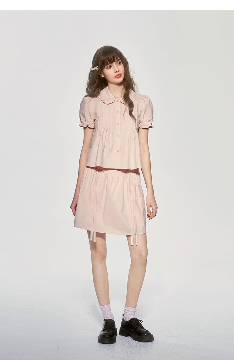 Doll Collar Pintuck Puff-Sleeve Blouse And Bow Skirt