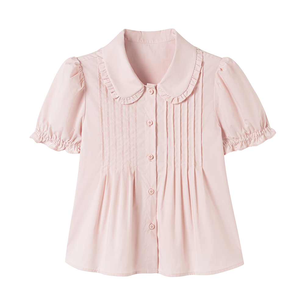 Doll Collar Pintuck Puff-Sleeve Blouse And Bow Skirt