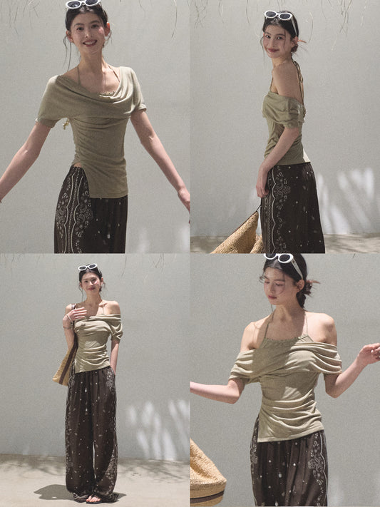 Off Shoulder Draped Top With Halter Strap