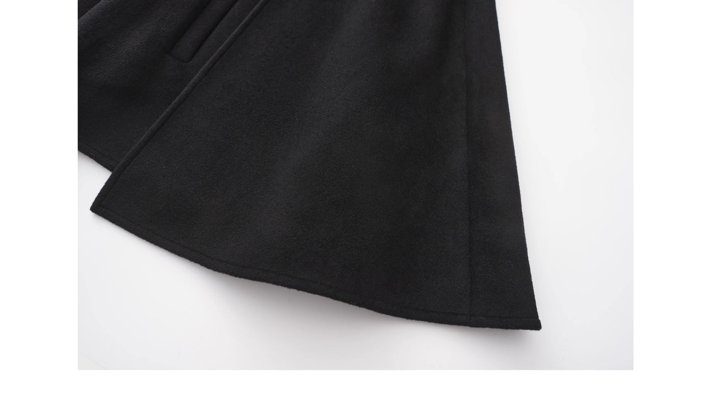 Double-Layered Wool Cape With Rose Buttons