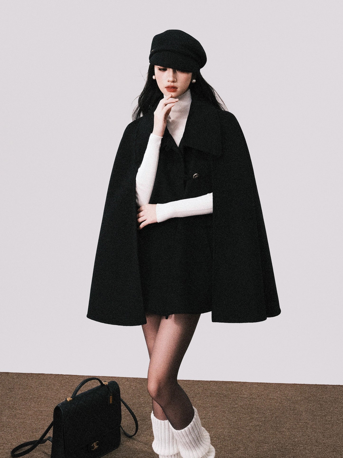 Double-Layered Wool Cape With Rose Buttons