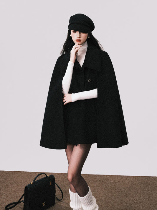 Double-Layered Wool Cape With Rose Buttons