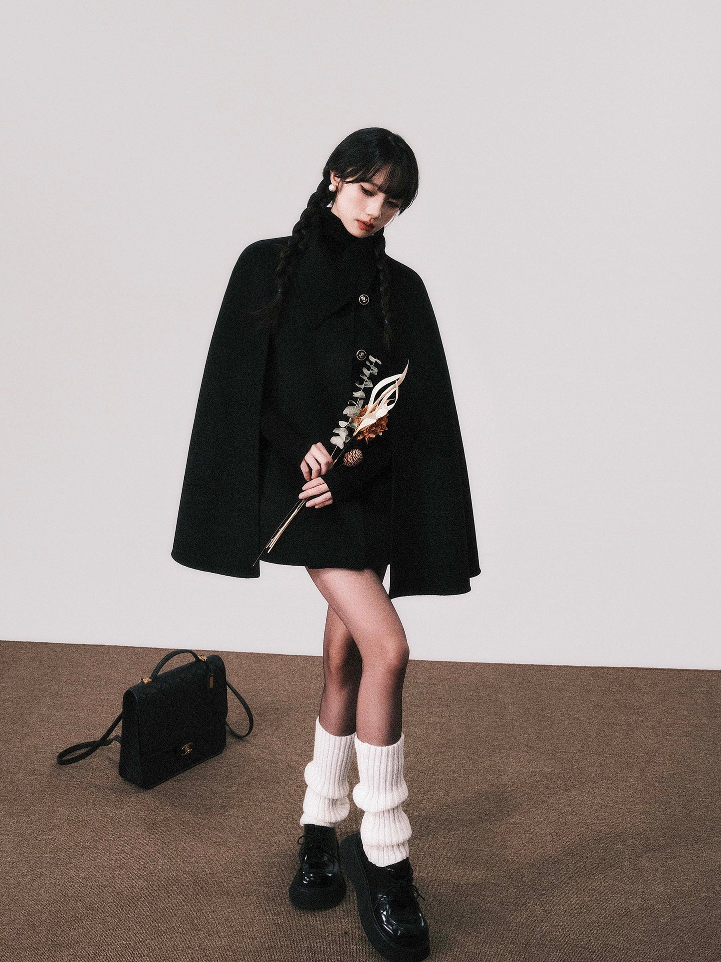 Double-Layered Wool Cape With Rose Buttons