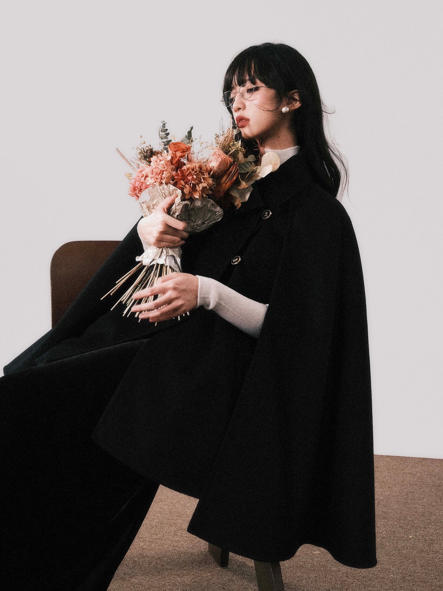 Double-Layered Wool Cape With Rose Buttons