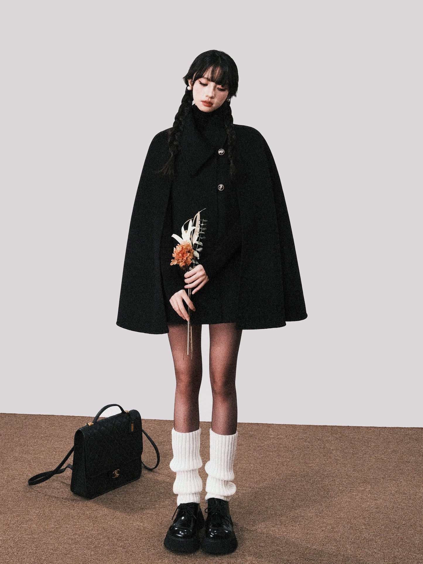 Double-Layered Wool Cape With Rose Buttons