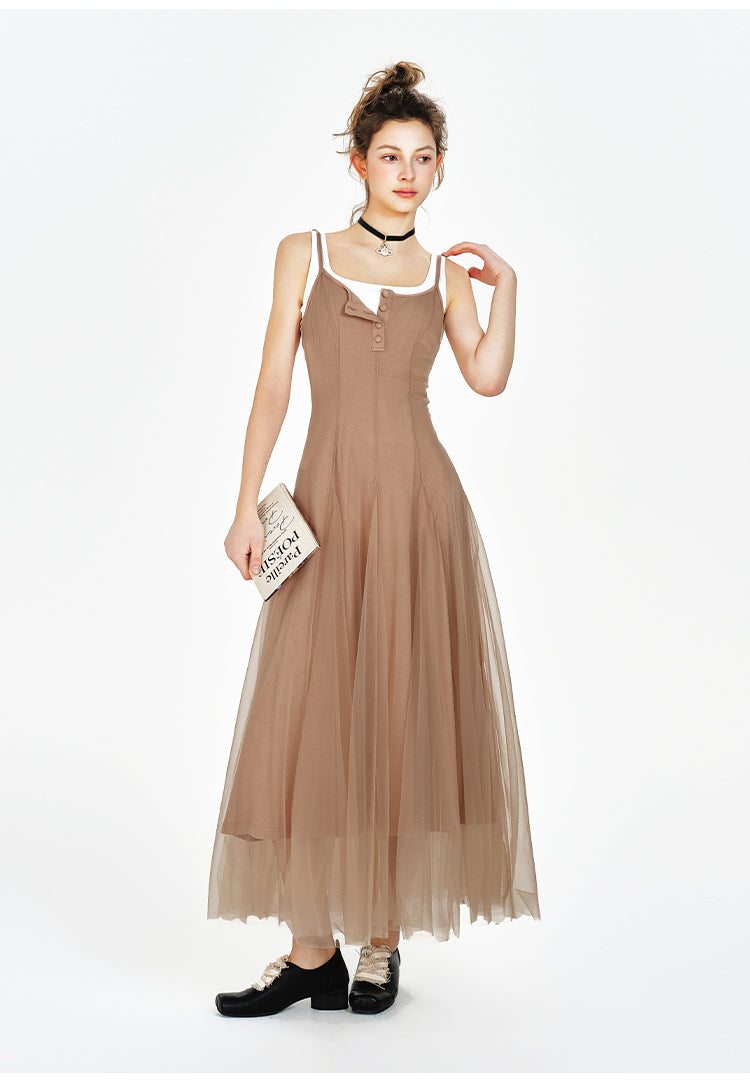 Lined Sheer Mesh Flowing Dress / Cropped Inner Top