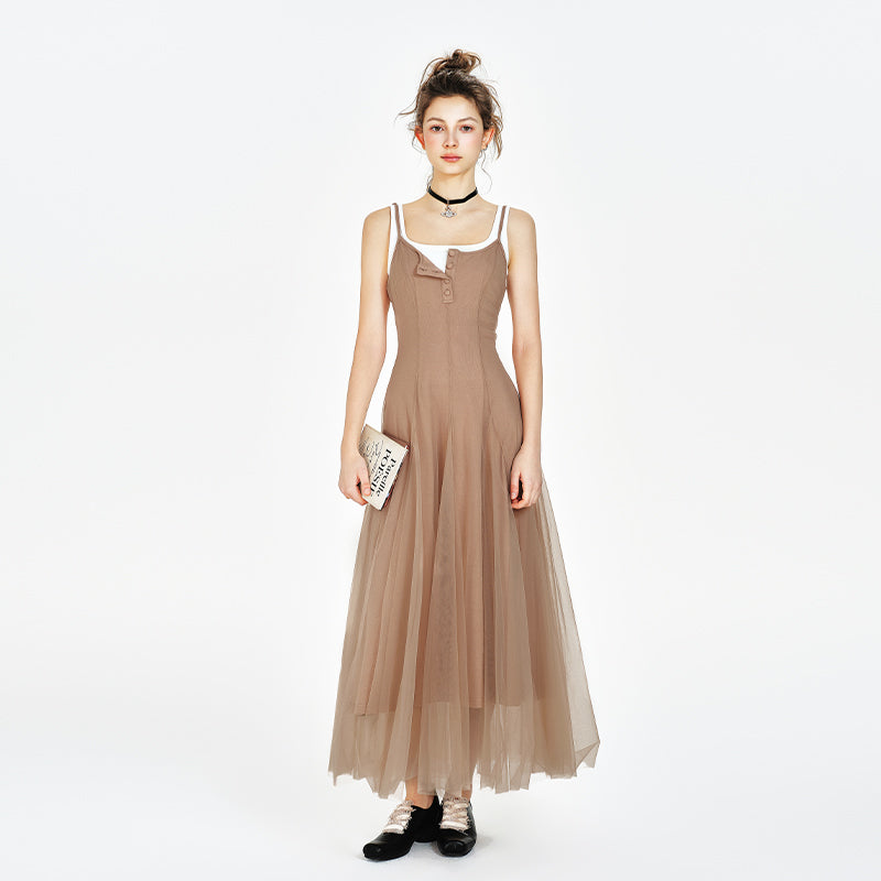 Lined Sheer Mesh Flowing Dress / Cropped Inner Top