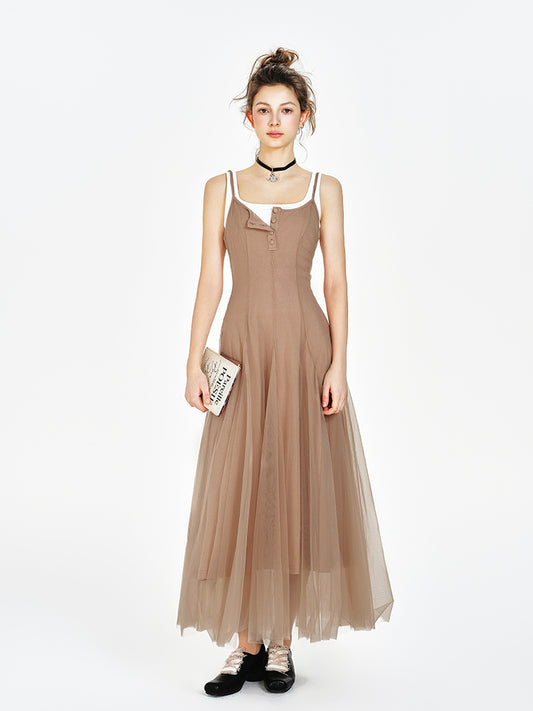 Lined Sheer Mesh Flowing Dress / Cropped Inner Top