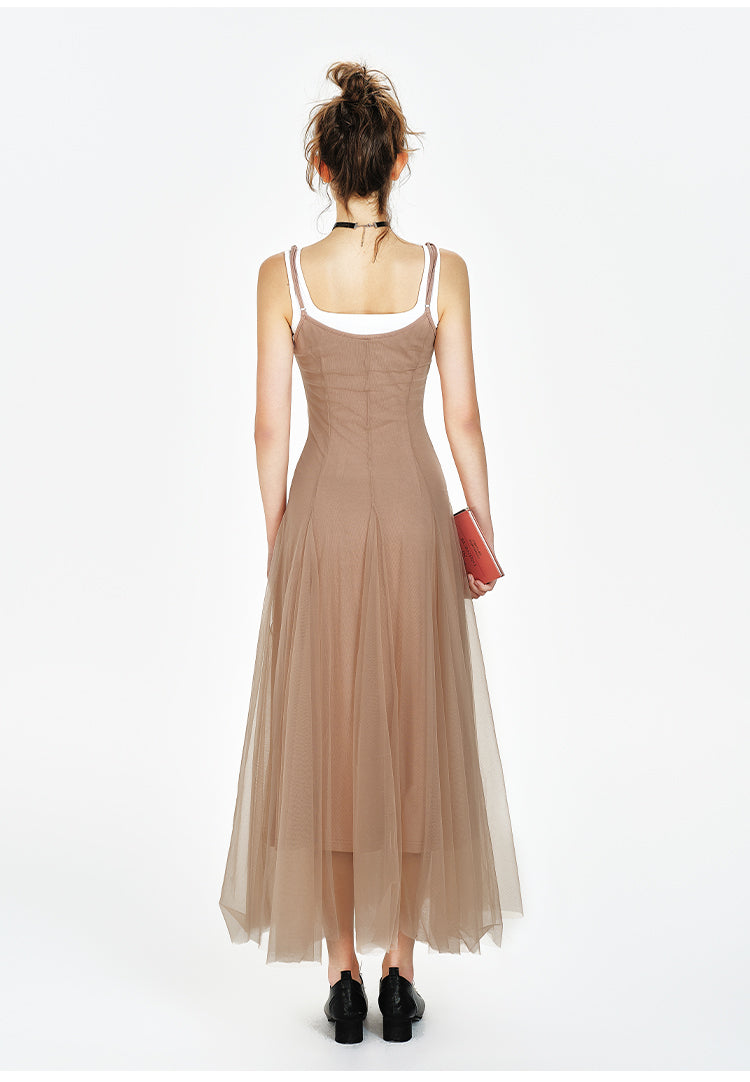 Lined Sheer Mesh Flowing Dress / Cropped Inner Top