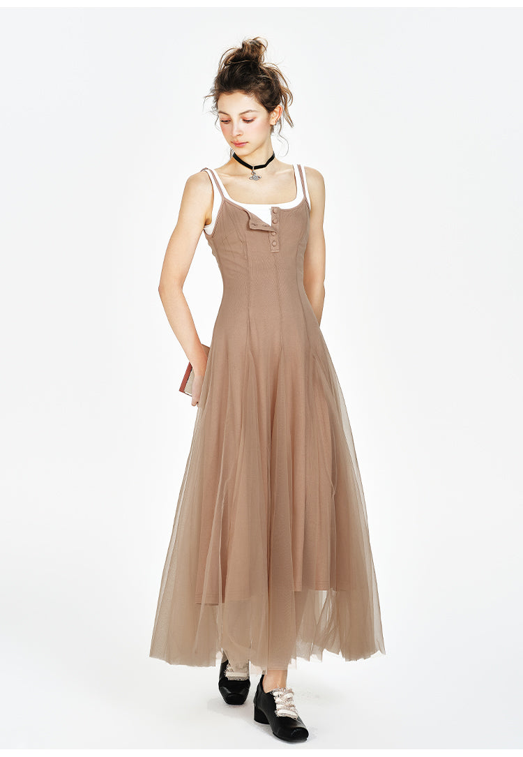 Lined Sheer Mesh Flowing Dress / Cropped Inner Top