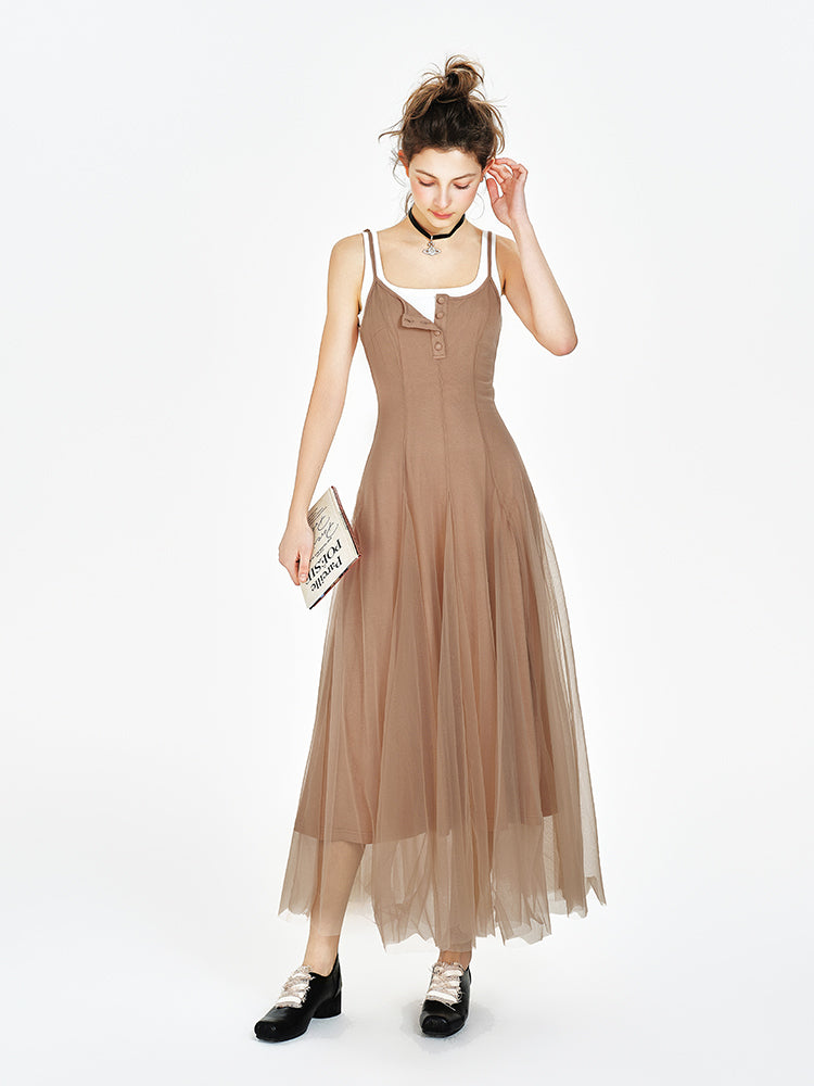 Lined Sheer Mesh Flowing Dress / Cropped Inner Top