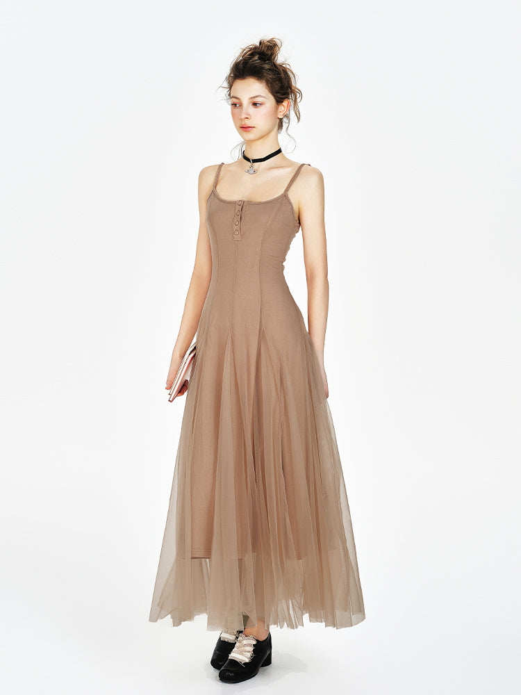 Lined Sheer Mesh Flowing Dress / Cropped Inner Top