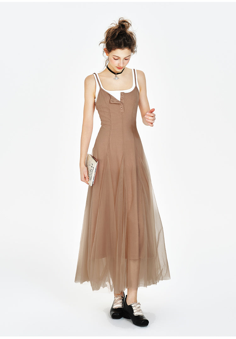 Lined Sheer Mesh Flowing Dress / Cropped Inner Top