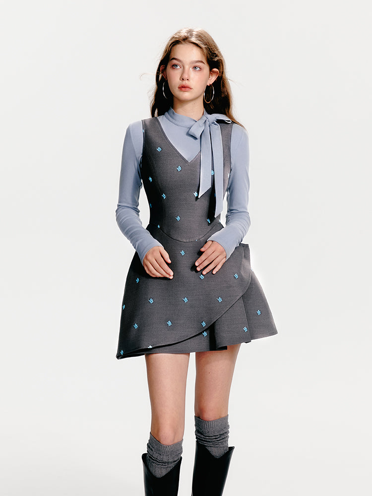 Embroidered V-Neck Sleeveless Structured Tulip Dress