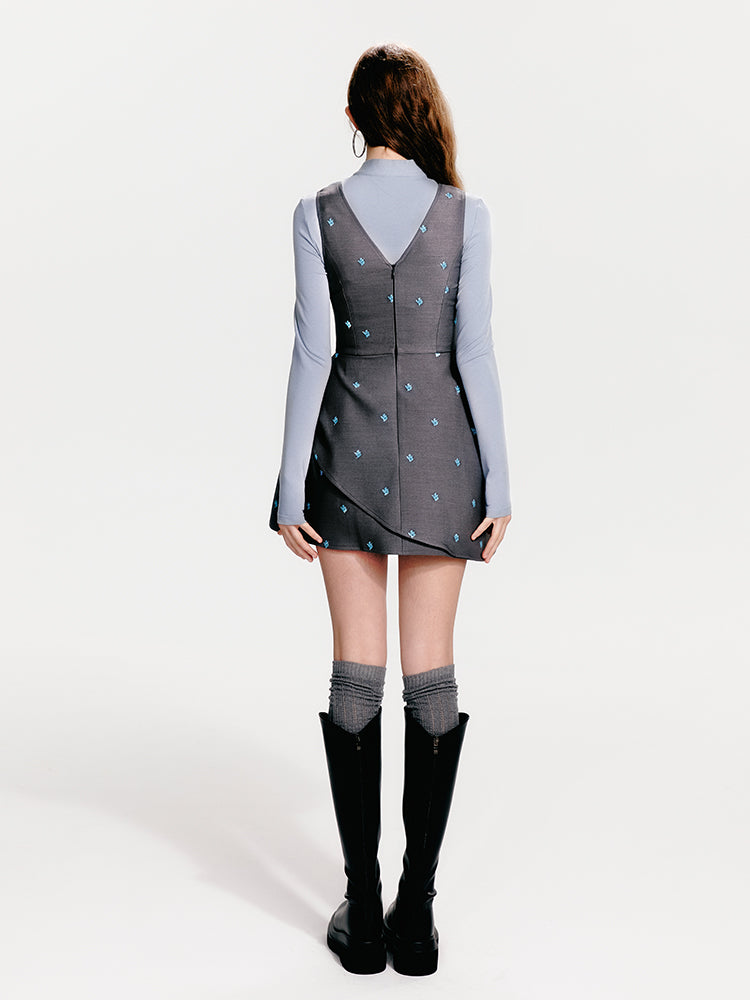 Embroidered V-Neck Sleeveless Structured Tulip Dress