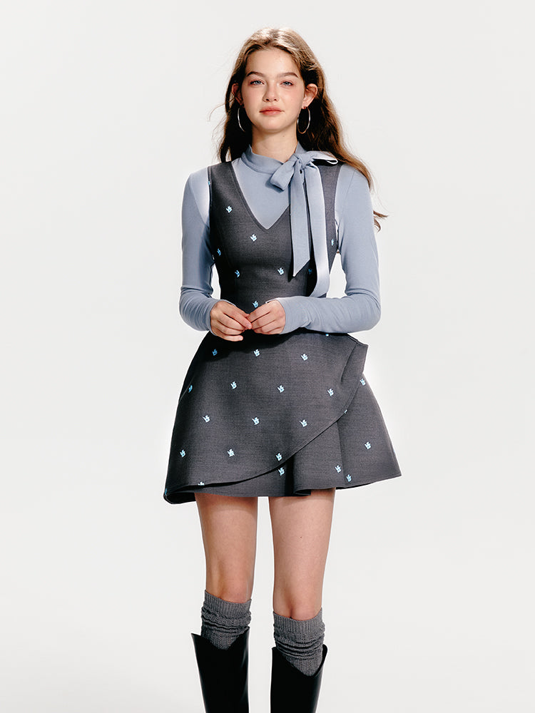 Embroidered V-Neck Sleeveless Structured Tulip Dress