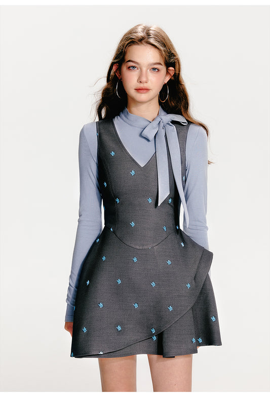 Embroidered V-Neck Sleeveless Structured Tulip Dress