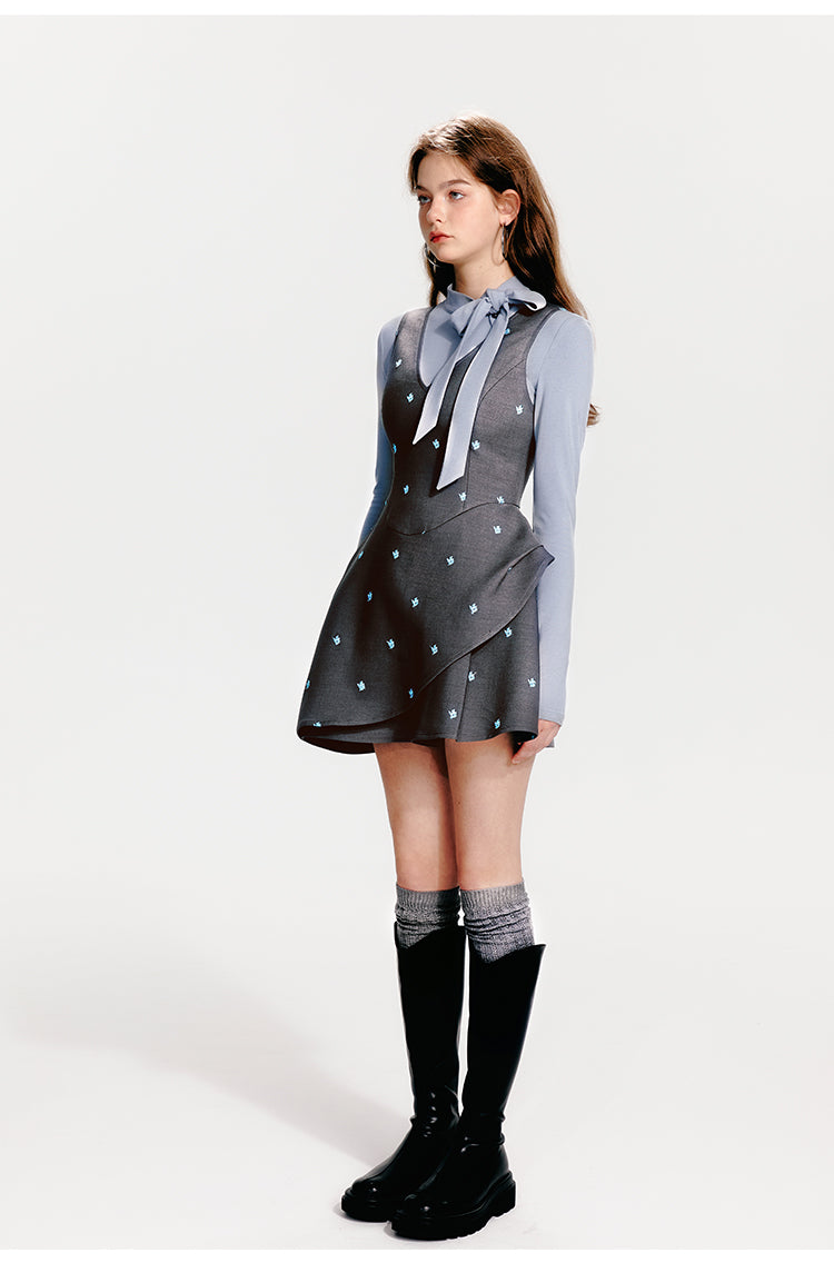 Embroidered V-Neck Sleeveless Structured Tulip Dress